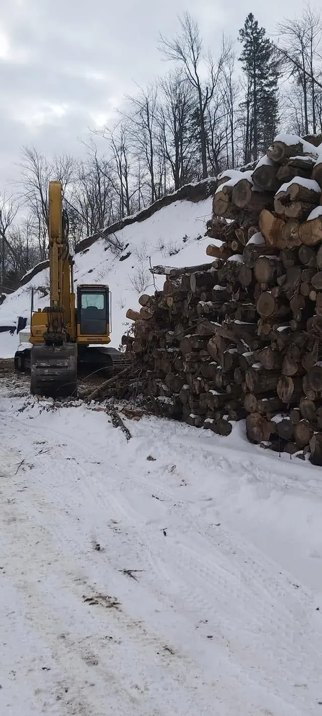 Pelle Komatsu à côté d’un empilement de billots, l’hiver
